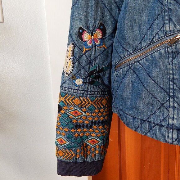 Johnny Was Western Denim Bomber Jacket  Embroidered Full Zip Small Rare - Picture 2 of 7